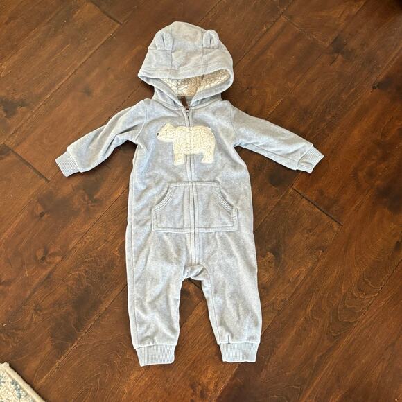 3/$15 Carters 6 months Boys Bear Romper Outfit Sherpa Fleece Winter Blue - Picture 1 of 6
